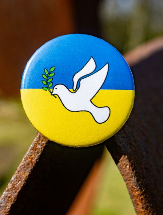 Badge mit einer Friedenstaube auf blau-gelben Untergrund